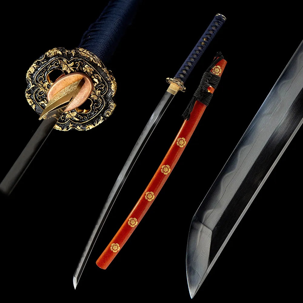 Orange Full Katana Sanmai Folding T10 Gunome Real Yokote Gold Silver Plated Copper Disassemblable Katana
