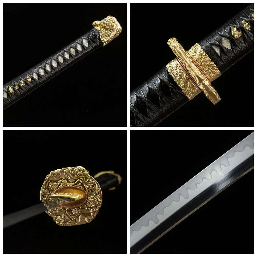 4-grid detail collage of The Firmament Tachi blade, copper tsuba, ray skin tsuka and full copper saya fittings