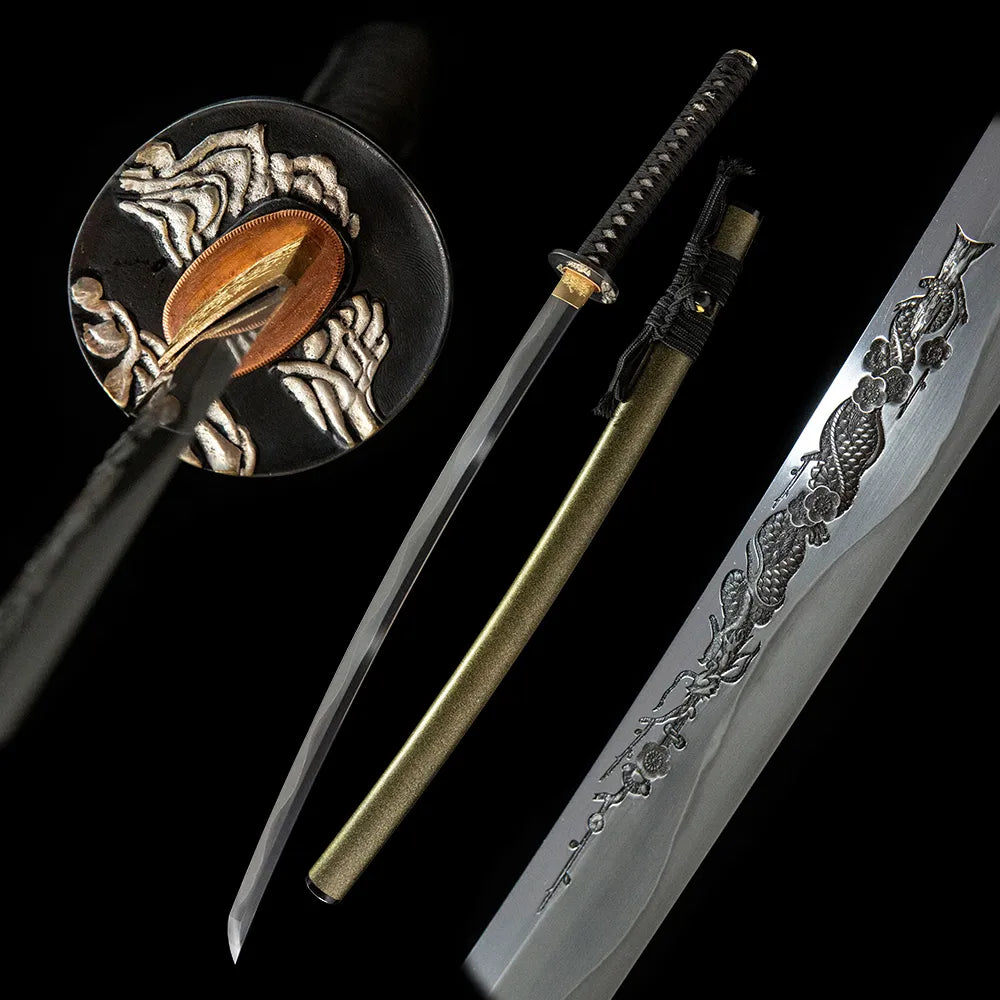 Qiuniu Katana, T10 Tsuchioki Notare Hamon Real Yokote Gold Silver Plated Qiuniu Mythical Beast Katana