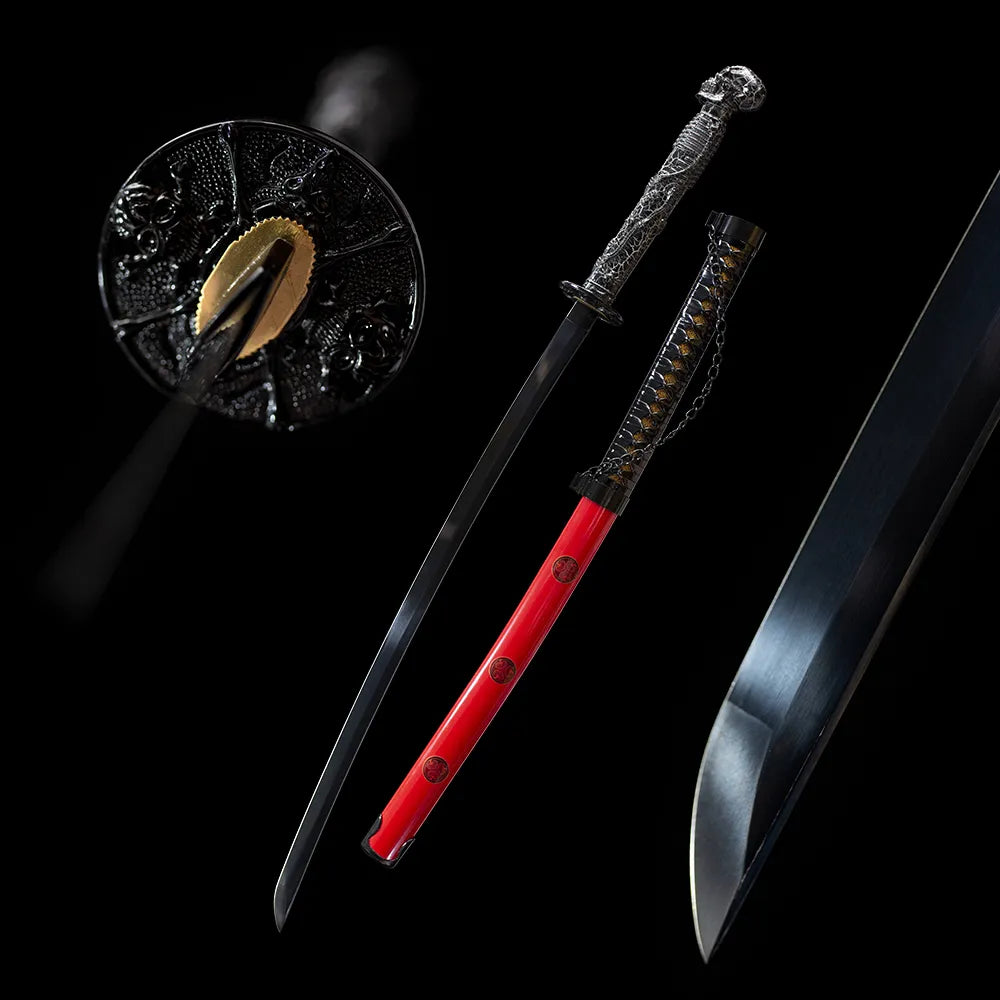 Skeleton‑Demon‑King‑Katana gothic skull‑fantasy samurai katana drawn blued steel blade bright‑red family‑mon saya full black‑background studio shot