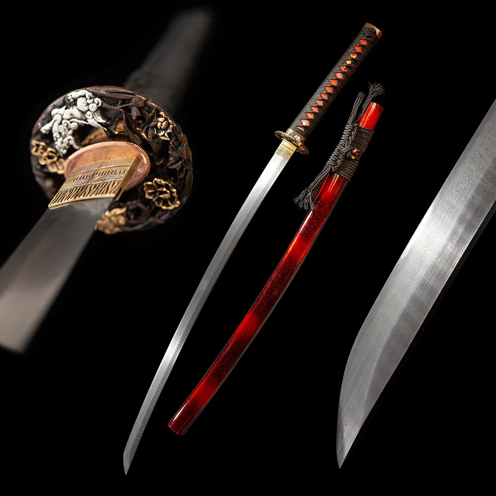 Supreme‑Katana supreme luxury collector‑grade‑motif samurai katana drawn damascus fold‑forged natural‑fold flowing‑layer hamon blade wine‑red‑gradient glitter‑maki‑e saya full black‑background studio shot