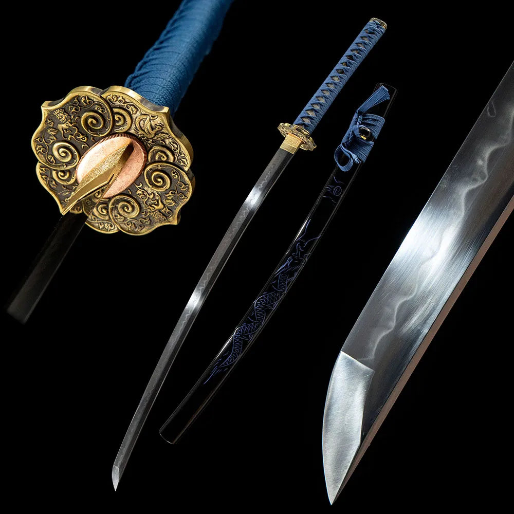 Buddha Lotus Katana, T10 Tsuchioki Gunome Hamon Solid Copper Disassemblable Zen Theme Samurai Sword