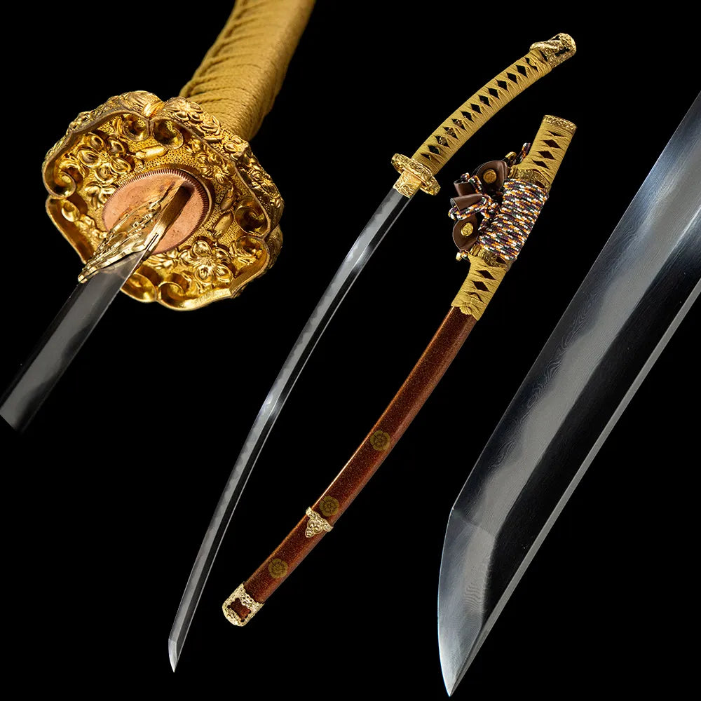 Reverse Stem Chrysanthemum Tachi, Folding Steel Gunome Hamon Large Sori Real Yokote Solid Copper Tachi