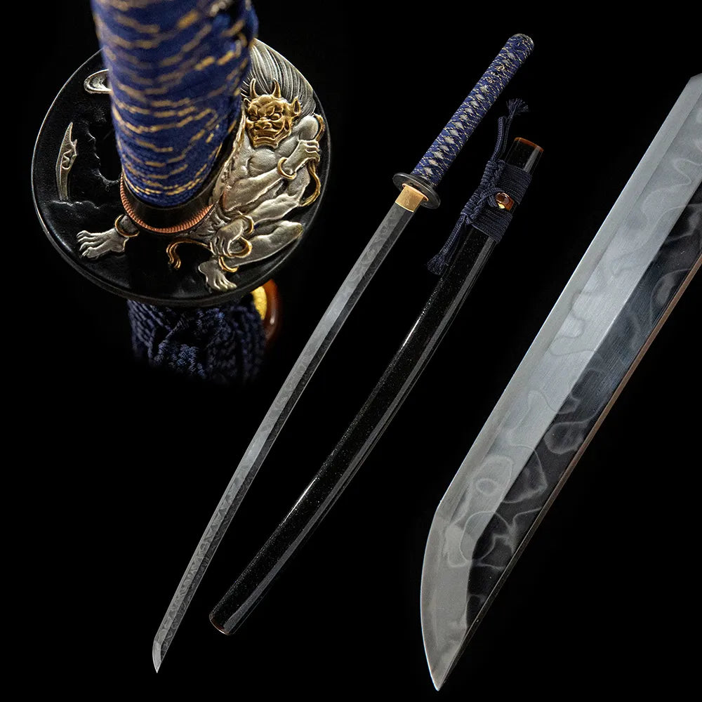 Evil Spirit Katana, T10 Tsuchioki Hitatsura Hamon Real Yokote Demon Gilded Copper Black Starry Saya Disassemblable Katana