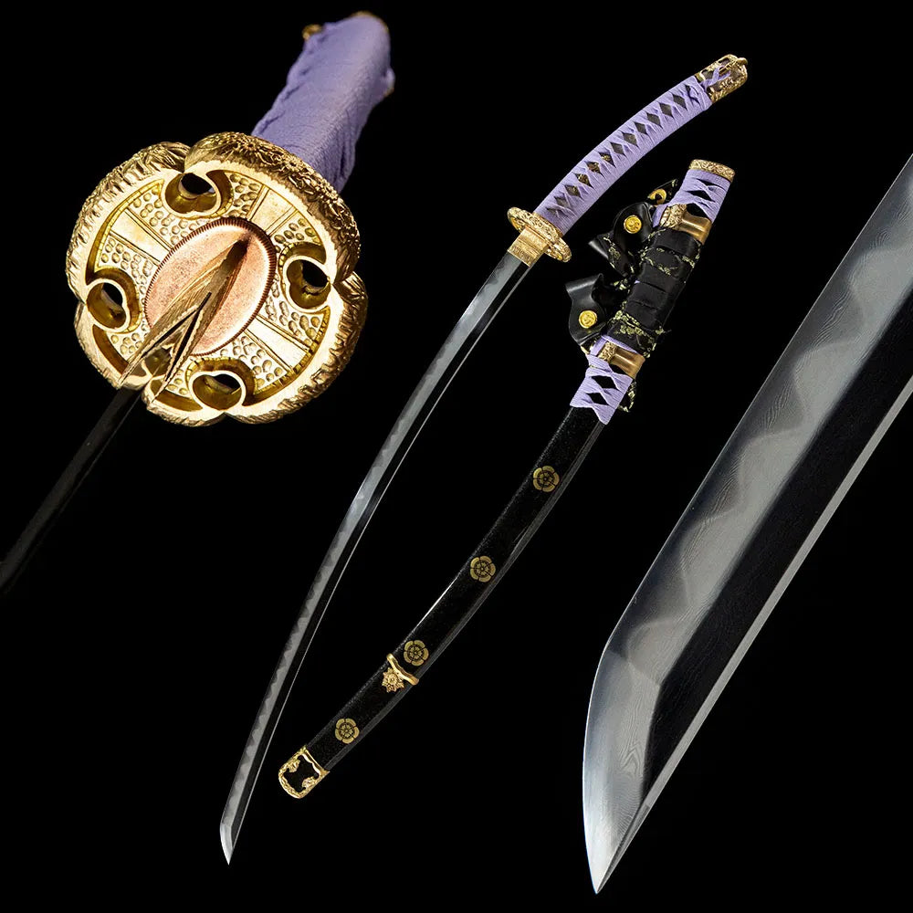 Fierce Tiger Katana, folded steel honsanmai notare hamon real yokote solid copper disassemblable samurai sword