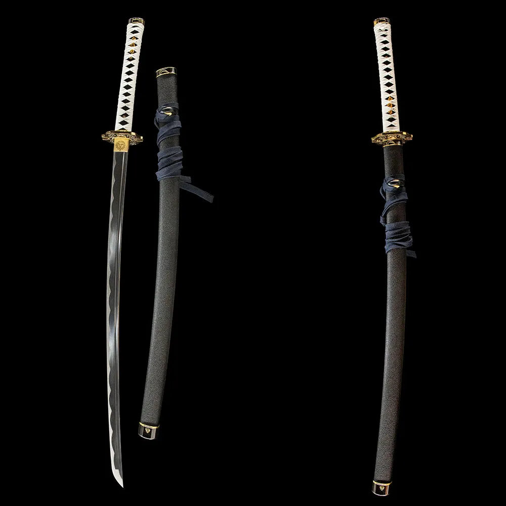 Side-by-side sheathed & unsheathed display of budget 1045 Yamato entry katana