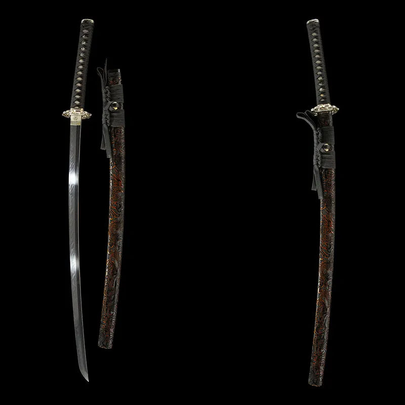 Side-by-side sheathed & unsheathed display of The Firmament historical mounted T10 tachi sword