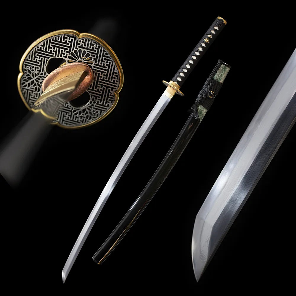 May‑Katana elegant may‑season japanese‑aesthetic katana samurai sword drawn sanmai‑forged T10 suguha hamon blade glossy‑black partial green fish‑skin overlay saya full black‑background studio shot