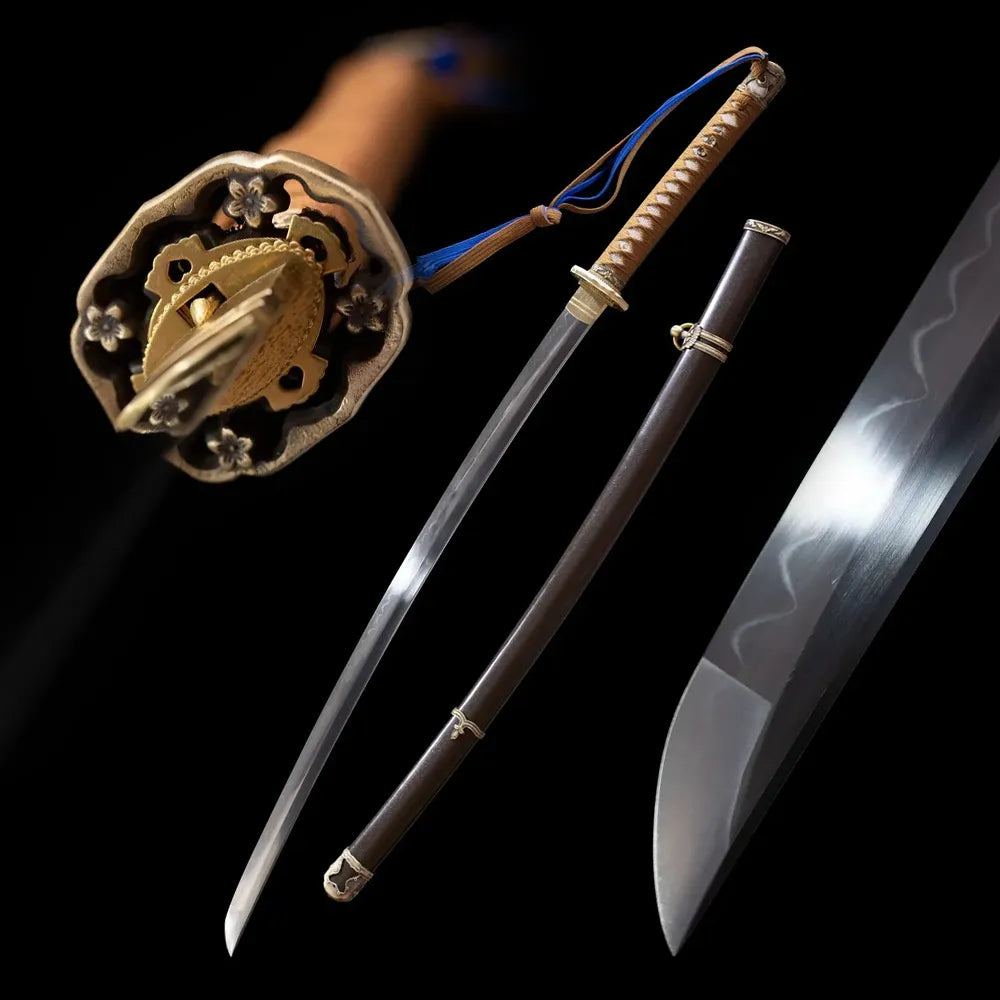 98‑style wwii reproduction military saber drawn t10 clay‑tempered wave hamon blade dark‑brown vintage saya full black‑background studio shot