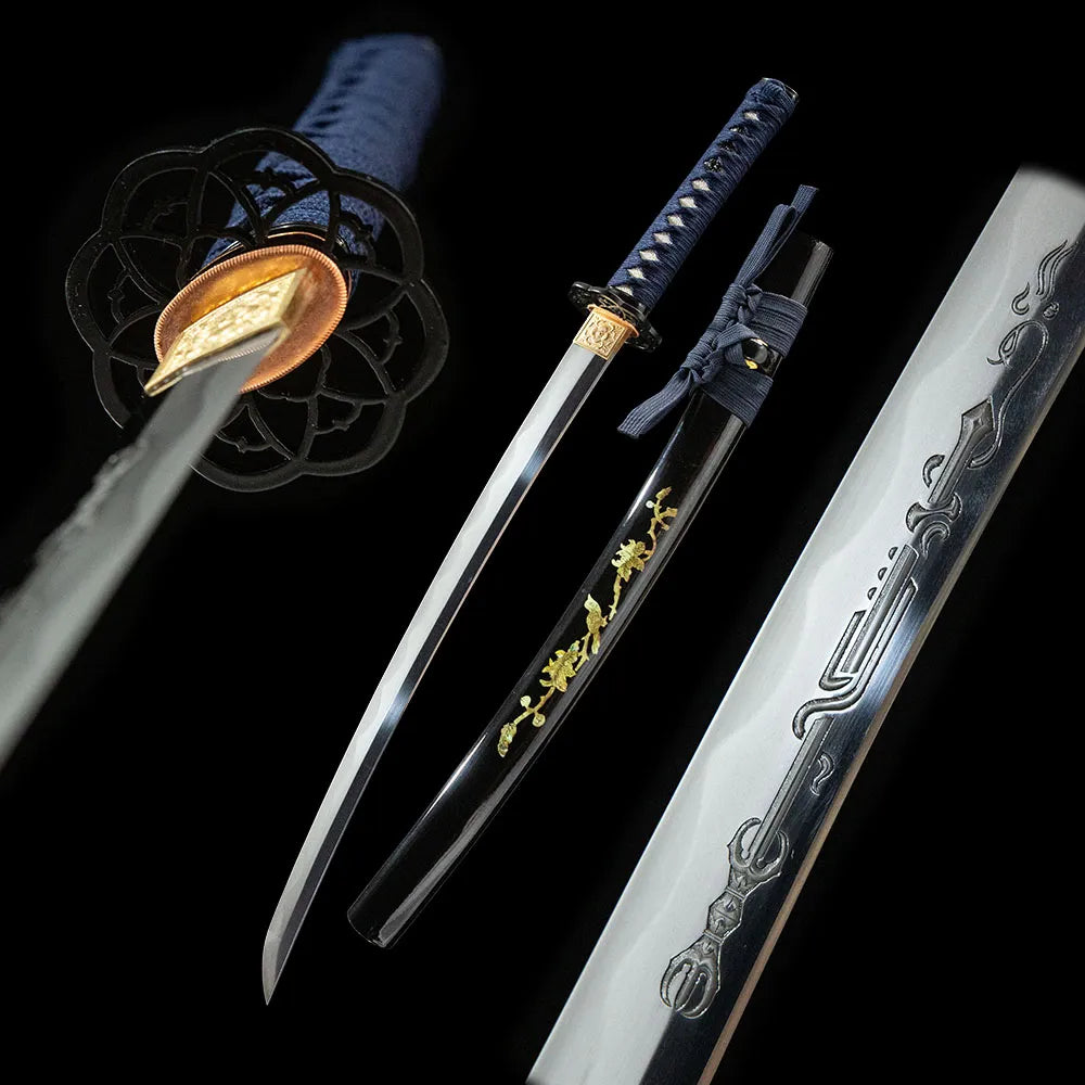 Hummingbird Wakizashi, compact 78cm T8 maru gonome hamon short samurai sword with hand-painted hummingbird floral black saya