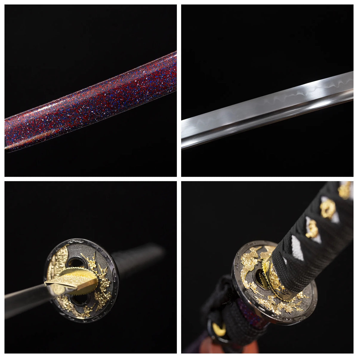 Four‑grid collage gilded‑alloy plum‑blossom‑scroll‑relief tsuba, black cotton ito tsuka, purple‑glitter‑phantasm saya, gunome undulating‑wave hamon blade close‑up details‑long katana