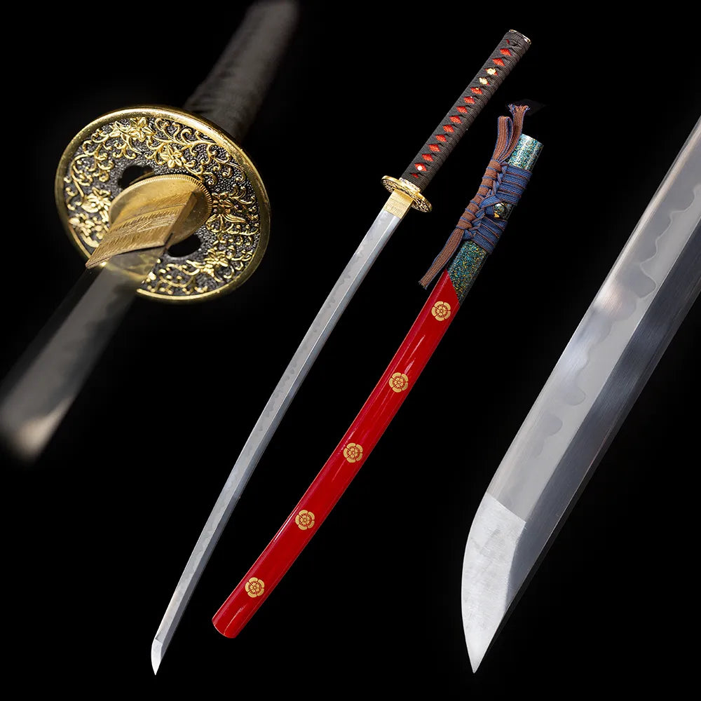 Qianxi‑Katana qianxi classical‑kamon‑hanafuda‑traditional‑motif samurai katana drawn T10 sanbonsugi three‑cedar‑tree hamon blade scarlet‑red gilded‑kamon‑hanafuda saya full black‑background studio shot