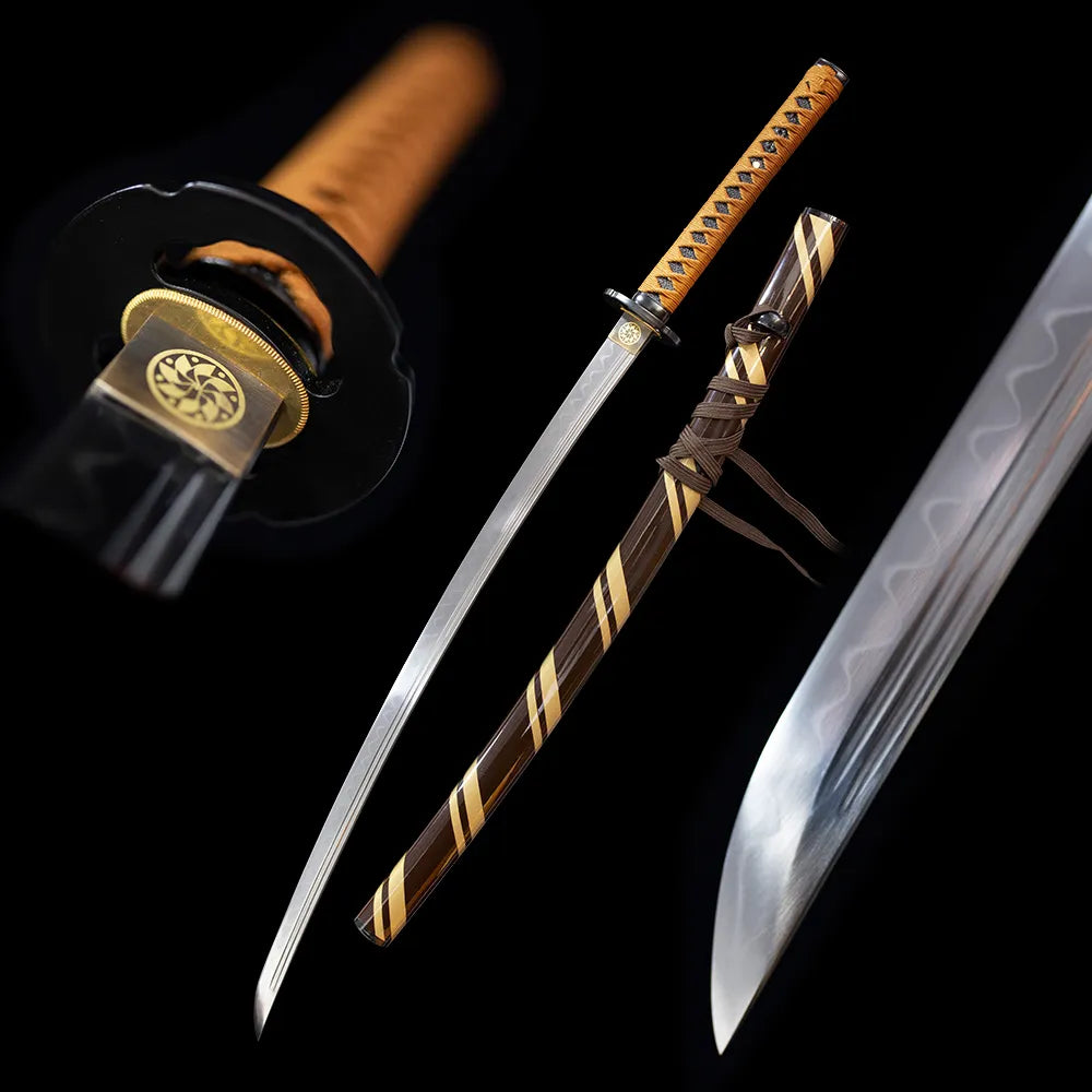 Day‑Night‑Katana day‑night sun‑moon‑cycle‑yin‑yang‑duality‑motif samurai katana drawn T10 gunome‑midare sun‑moon‑interleaved light‑shadow‑shifting hamon blade half‑split dual‑toned day‑night‑sun‑moon‑duality saya full black‑background studio shot