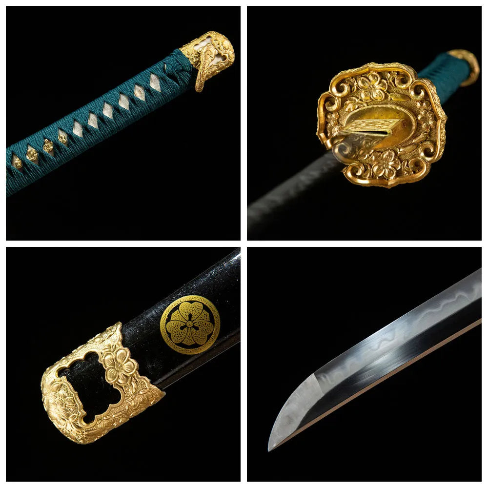 4-grid detail collage of Chrysanthemum Pattern Tachi blade, handle, tsuba and saya