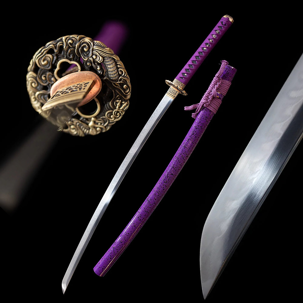 Lady‑Murasaki‑Katana lady‑murasaki elegant feminine‑oriented wisteria‑scroll samurai katana drawn T10 suguha‑gunome blended hamon blade violet‑halo pearlescent maki‑e saya full black‑background studio shot