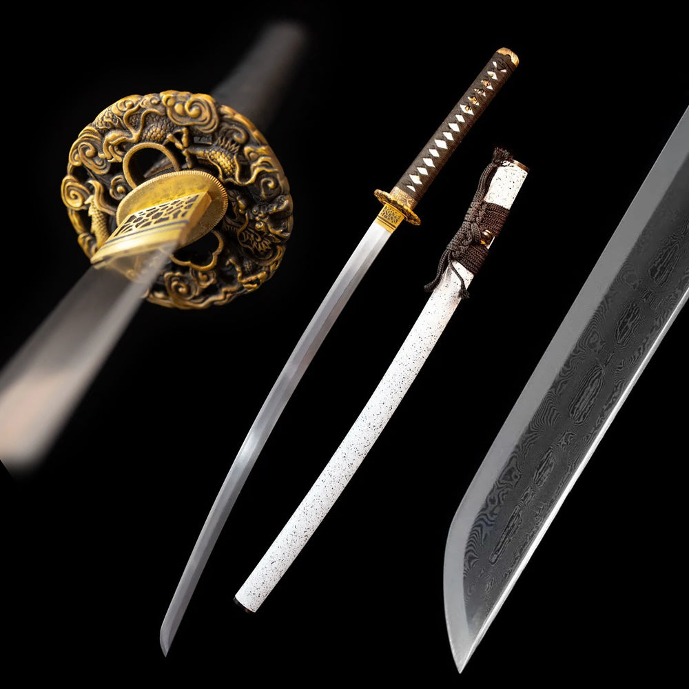 Dragon‑Shadow‑Katana oriental shadow‑dragon‑silhouette‑motif samurai katana drawn T10 midare‑suguha shadow‑dragon‑flowing shifting hamon blade speckled‑frost‑white dark‑shadow‑dragon saya full black‑background studio shot