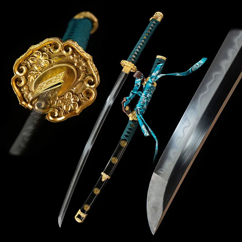 Chrysanthemum Pattern Tachi, T10 steel samurai sword with full copper fittings