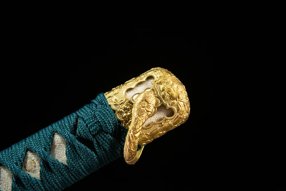 Chrysanthemum Pattern Tachi handle closeup, Moro-hineri-maki silk wrap