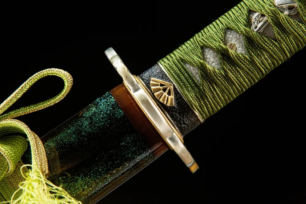 Floating Clouds Katana polished alloy fuchi handle collar closeup