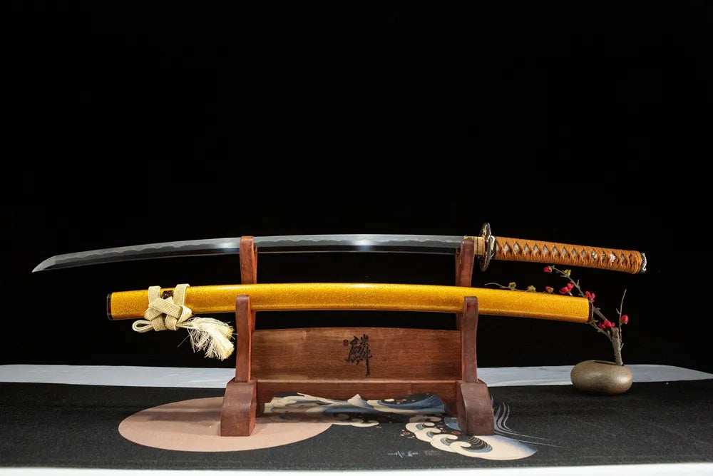 Unsheathed Patteraless Katana, modern Uzi steel blade with natural Gonome temper line