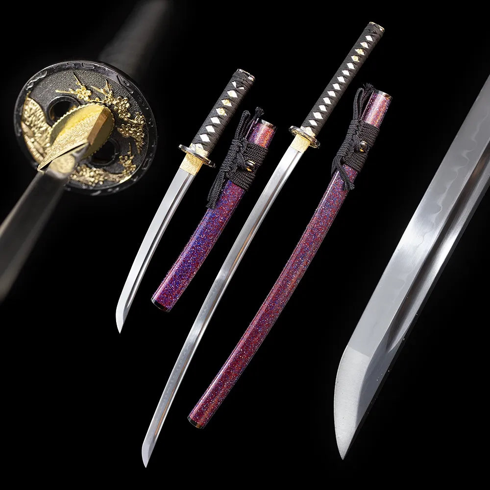 Moyuan‑Katana‑Set‑L moyuan purple‑glitter‑phantasm katana drawn T10 gunome undulating‑wave hamon blade purple‑glitter‑phantasm saya full black‑background studio shot