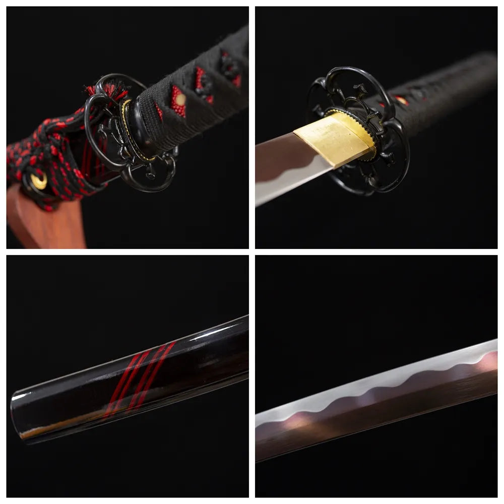 Four‑grid collage black‑iron open‑work floral‑relief tsuba, black‑red ito tsuka, high‑gloss‑black crimson‑wisp‑red‑streak saya, clean suguha neat‑straight hamon blade close‑up details
