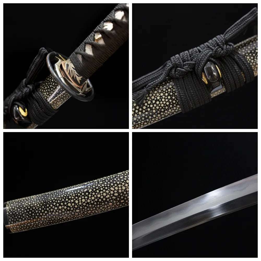 Four‑grid collage matte‑silver alloy bamboo‑joint‑relief tsuba, silver‑grey ito tsuka, ink‑black silver‑etched bamboo‑forest saya, clean suguha hamon blade close‑up details