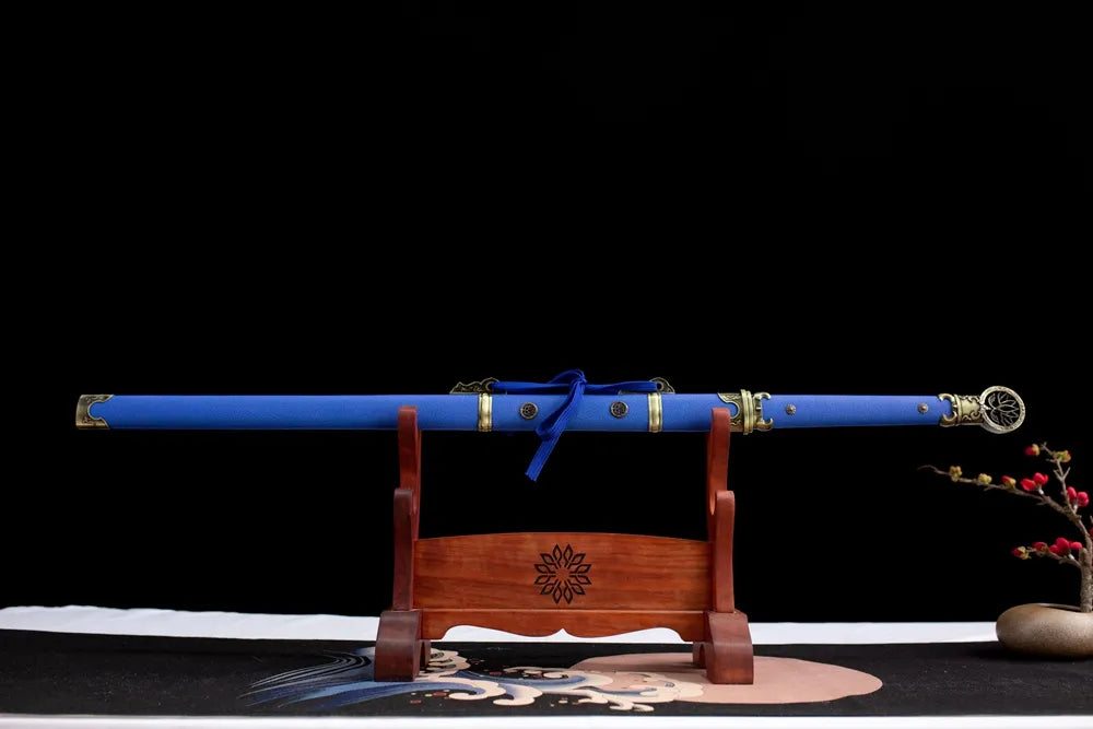 Horizontal laid closed full blue wrapped antique chinese tang dao rack shot