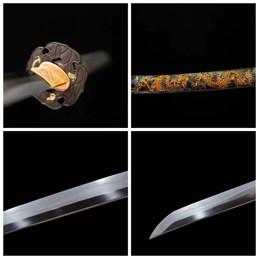 Four‑grid collage antique‑gilt bronze multi‑coiled‑dragon‑relief tsuba, deep‑golden ito tsuka, jet‑black gilded nine‑heaven‑dragon‑cloud‑wave maki‑e saya, midare‑gunome surging‑dragon‑roiling hamon blade close‑up details