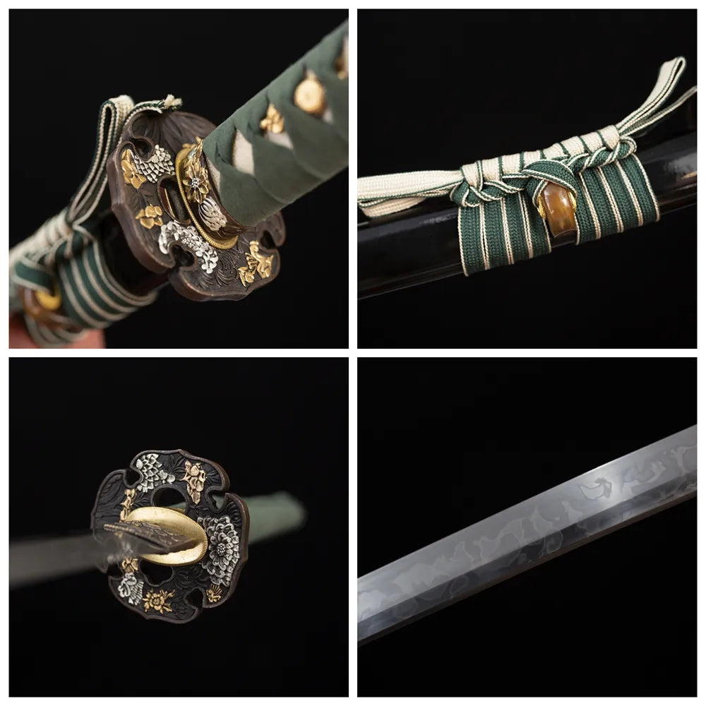 Four‑grid collage aged‑copper wind‑bell‑eaves‑chime‑relief tsuba, light‑cyan woven ito tsuka, mist‑grey‑blue wind‑bell‑cloud‑flow saya, choji‑gunome bell‑ripple layered‑serrated hamon blade close‑up details
