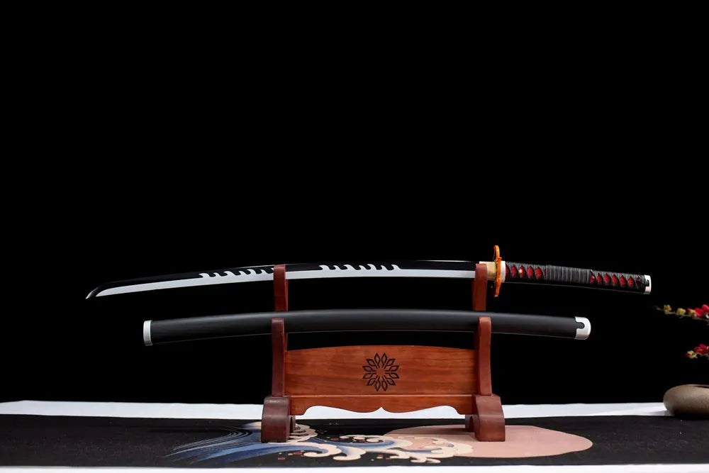 Flat fully‑drawn 1060 steel serrated wave‑tooth Tanjirou nichirin blade wooden rack front shot