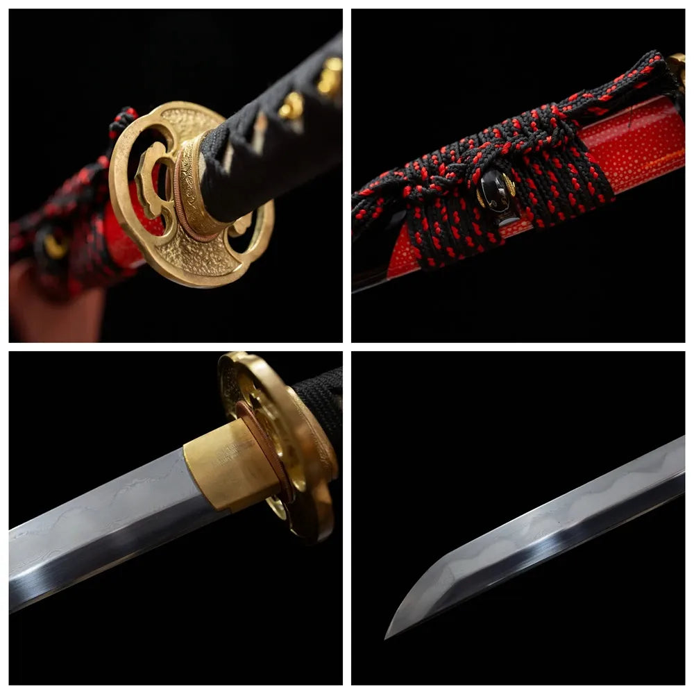 Four‑grid collage half‑sided floral‑blend antiqued‑silver alloy tsuba, dusty‑rose ito tsuka, two‑toned half‑gradient maki‑e saya, mixed‑suguha compound hamon blade close‑up details long katana