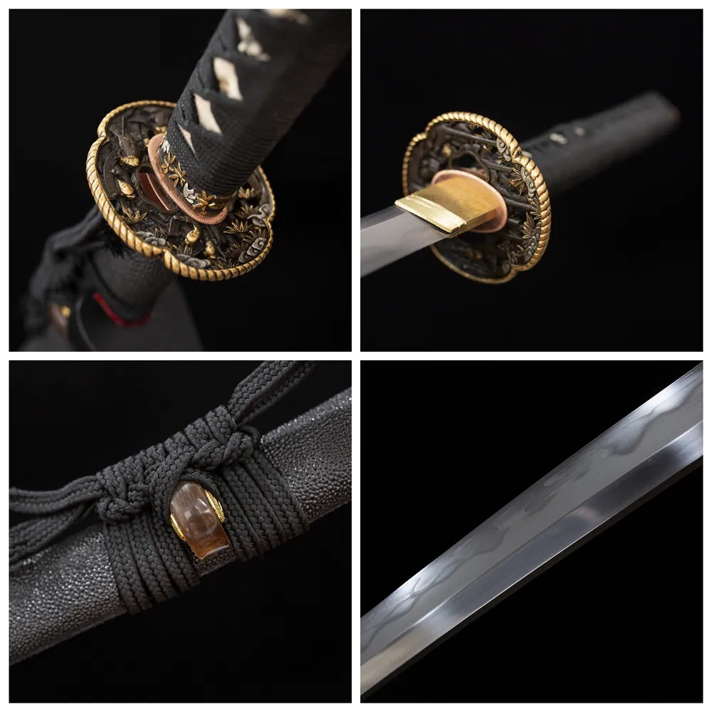 Four‑grid collage copper‑gilded‑silver samurai‑minimal‑relief tsuba, black‑moro‑hineri woven ito tsuka, solid‑wood wrapped‑real‑fish‑skin saya, gunomu wavy hamon blade close‑up details