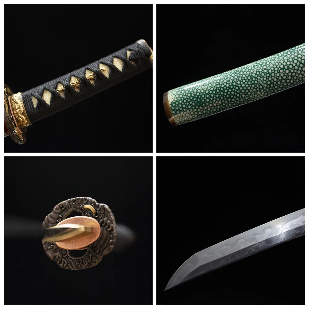 Four‑grid collage green‑aged alloy oni‑mask‑relief tsuba, forest‑green ito tsuka, dark‑green oni‑etched saya, notare flowing hamon blade close‑up details