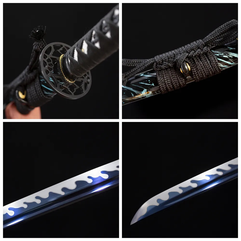 Four‑grid collage black‑alloy open‑work flame‑war‑relief tsuba, black ito tsuka, orange‑red‑gradient flame‑streamer saya, fiery‑wave flame‑undulating hamon blade close‑up details
