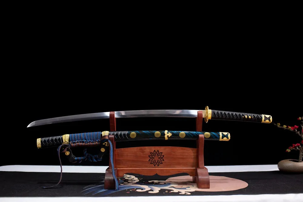 Flat fully‑drawn polished 1060‑steel Imperial‑Family‑Tachi blade wooden rack front shot