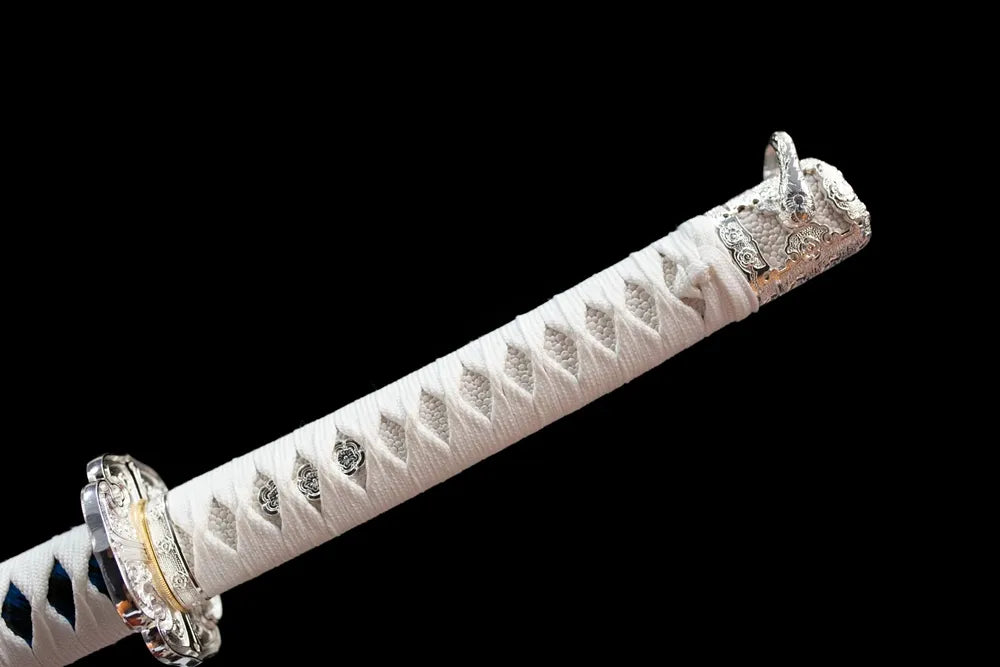 Full white woven ito tsuka silver‑toned floral‑mon alloy fittings complete front shot