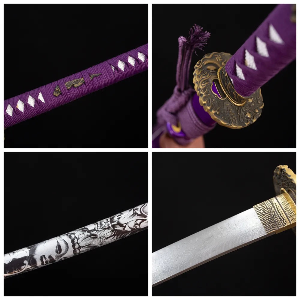 Four‑grid collage aged‑copper purple‑cloud‑aura‑scroll‑relief tsuba, deep‑purple woven ito tsuka, gradient‑purple‑aurora drifting‑cloud saya, natural‑flow layered‑stream hamon blade close‑up details