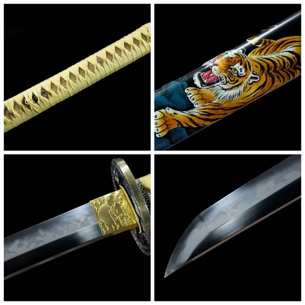 4-grid collage tiger katana close-ups