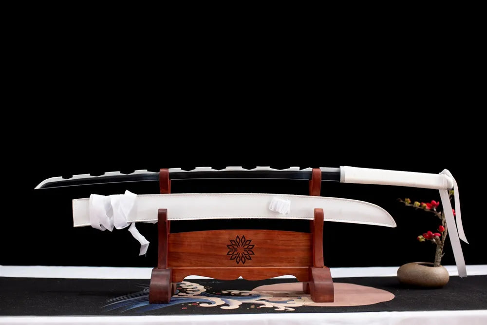 Flat fully drawn serrated 1060 steel Hashibira Inosuke nichirin blade wooden rack front shot
