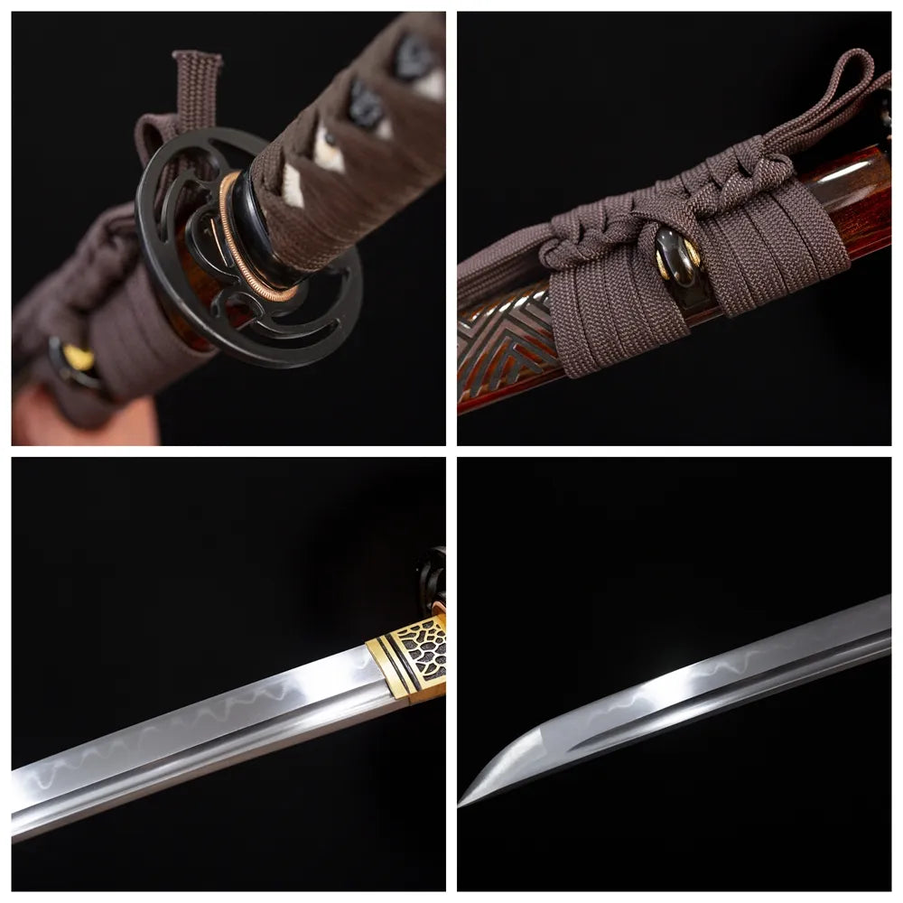 Four‑grid collage matte‑alloy plain‑simple‑understated‑relief tsuba, charcoal‑grey woven ito tsuka, dark‑brown matte‑plain‑lacquer saya, sanbonsugi robust three‑cedar‑tree hamon blade close‑up details