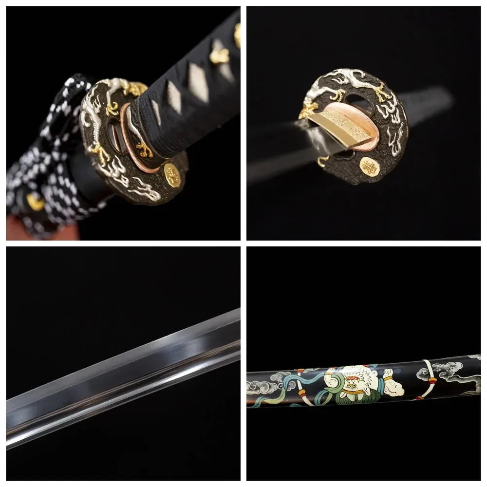 Four‑grid collage two‑tone aged‑copper raijin‑thunder‑cloud‑relief tsuba, black cotton ito tsuka, glossy‑black hand‑painted raijin‑fujin thunder‑cloud saya, suguha‑straight clean hamon blade close‑up details