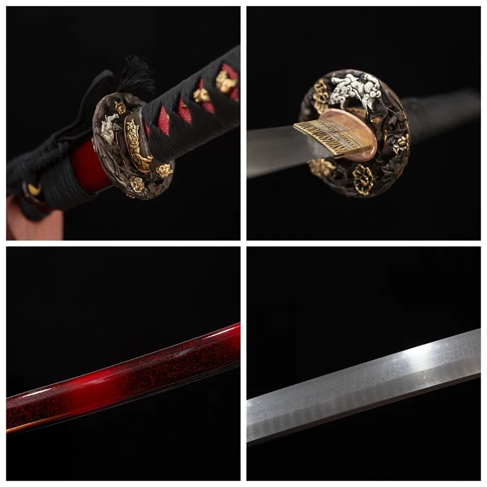 Four‑grid collage gold‑silver‑plated copper floral‑beast‑relief tsuba, black‑cotton ito tsuka, wine‑red‑gradient glitter‑maki‑e saya, natural‑fold flowing‑layer hamon blade close‑up details