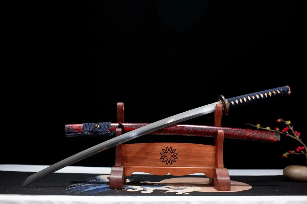 Slanted upright drawn Storm‑Katana elemental‑power‑art katana wooden shelf front perspectiveview