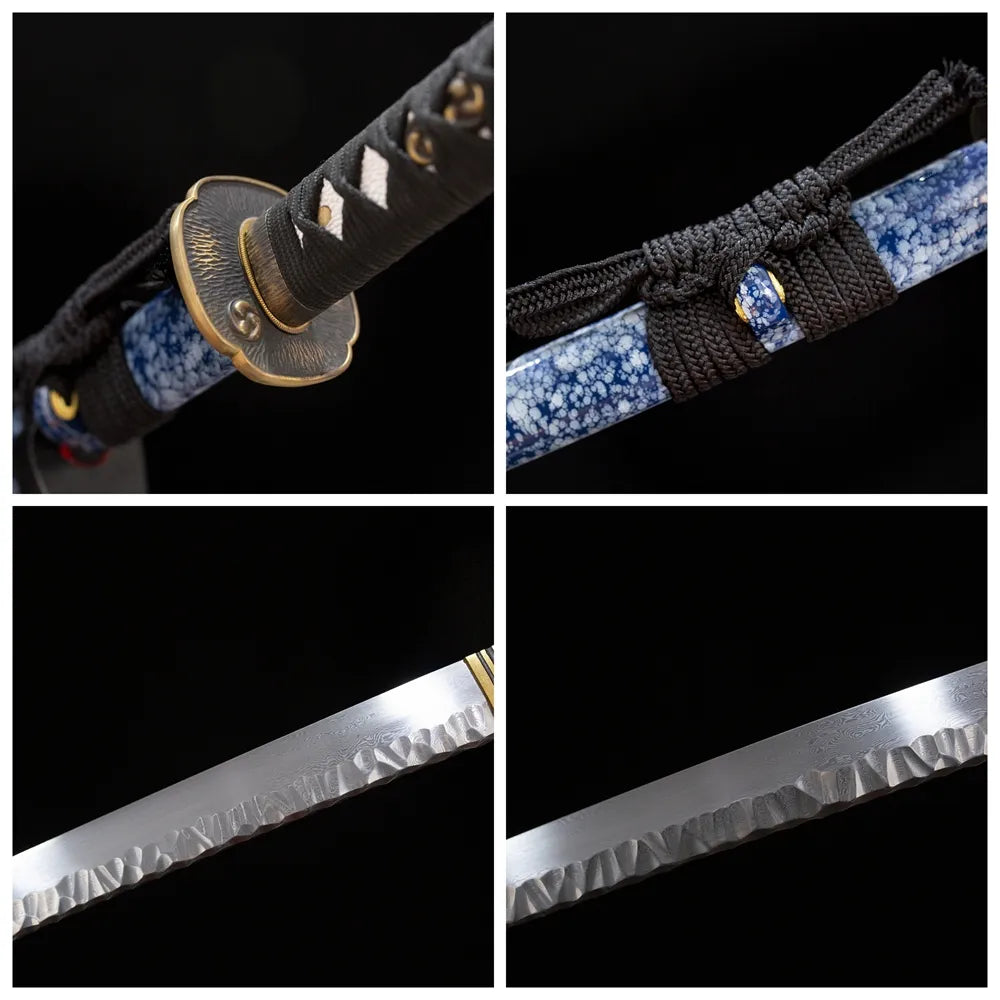 Four‑grid collage star‑sky‑silver‑plated comet‑meteor‑trail‑relief tsuba, space‑blue‑black woven ito tsuka, deep‑void‑black star‑orbit‑comet‑tail saya, midare‑gunome meteor‑tail‑flame‑ripping hamon blade close‑up details