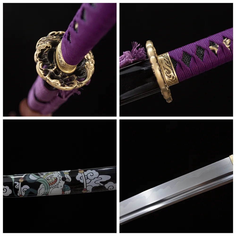 Four‑grid collage vintage‑gild raijin‑fujin cloud‑relief tsuba, royal‑purple ito tsuka, glossy‑black painted raijin‑fujin saya, midare‑gunome wind‑thunder shifting hamon blade close‑up details