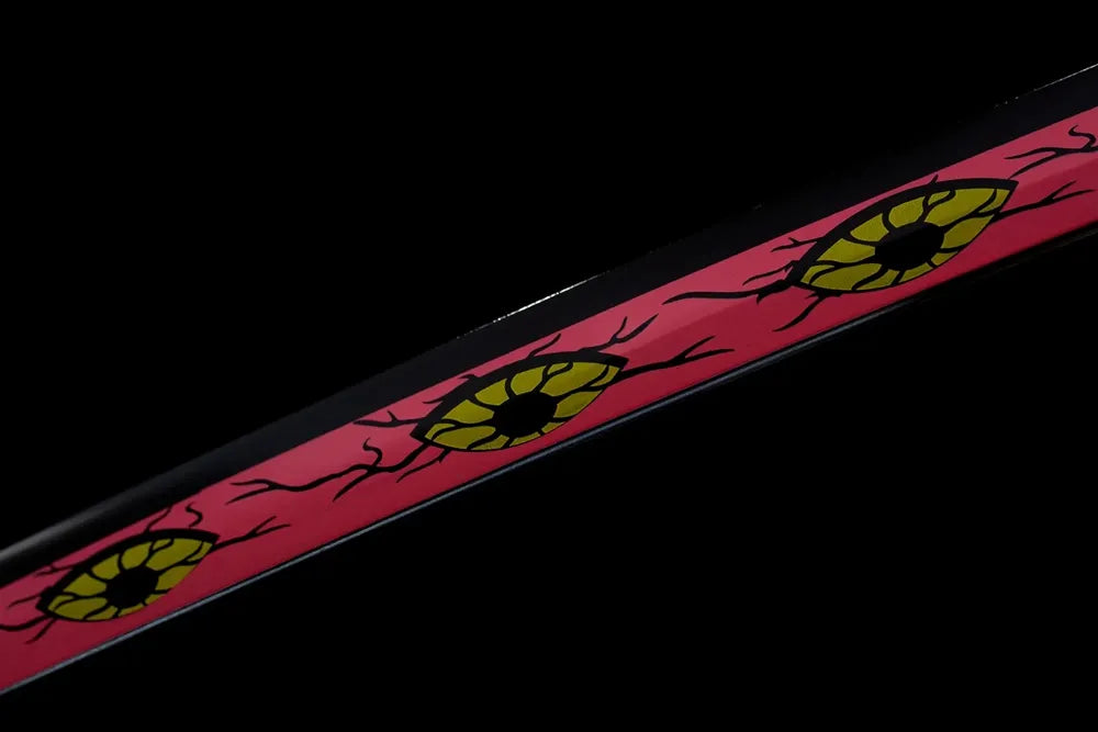 Mid‑section red‑black demon‑eye decorative printed steel blade surface texture shot