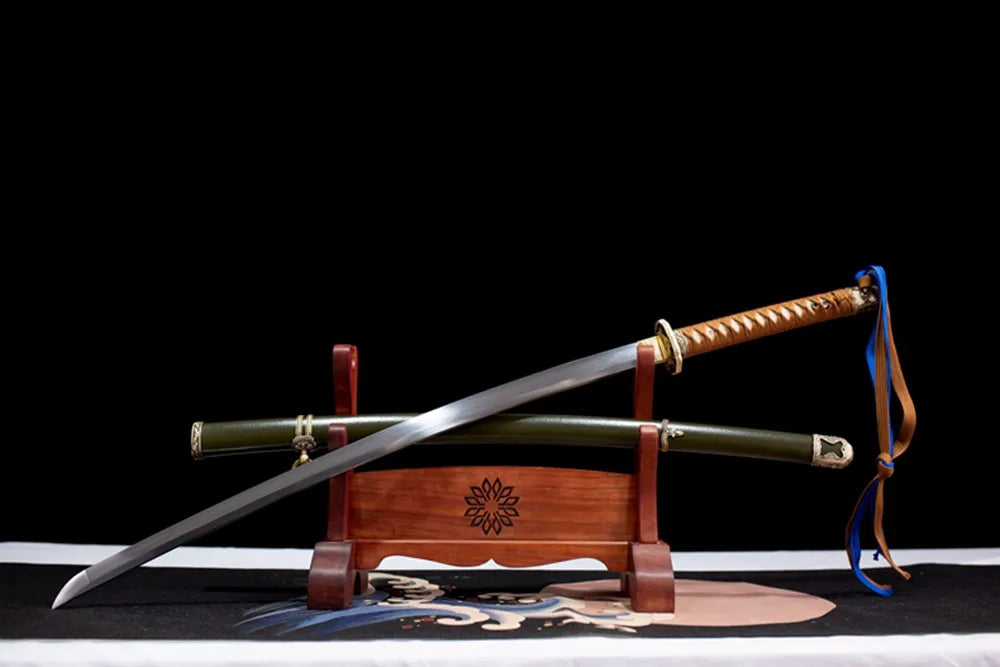 Slanted upright drawn Command‑Saber ceremonial military saber wooden shelf front perspective