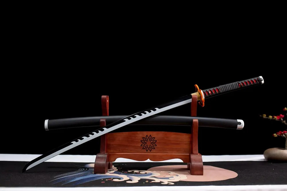 Slanted upright drawn Demon‑Slayer Tanjirou second‑gen nichirin sword wooden shelf front perspective