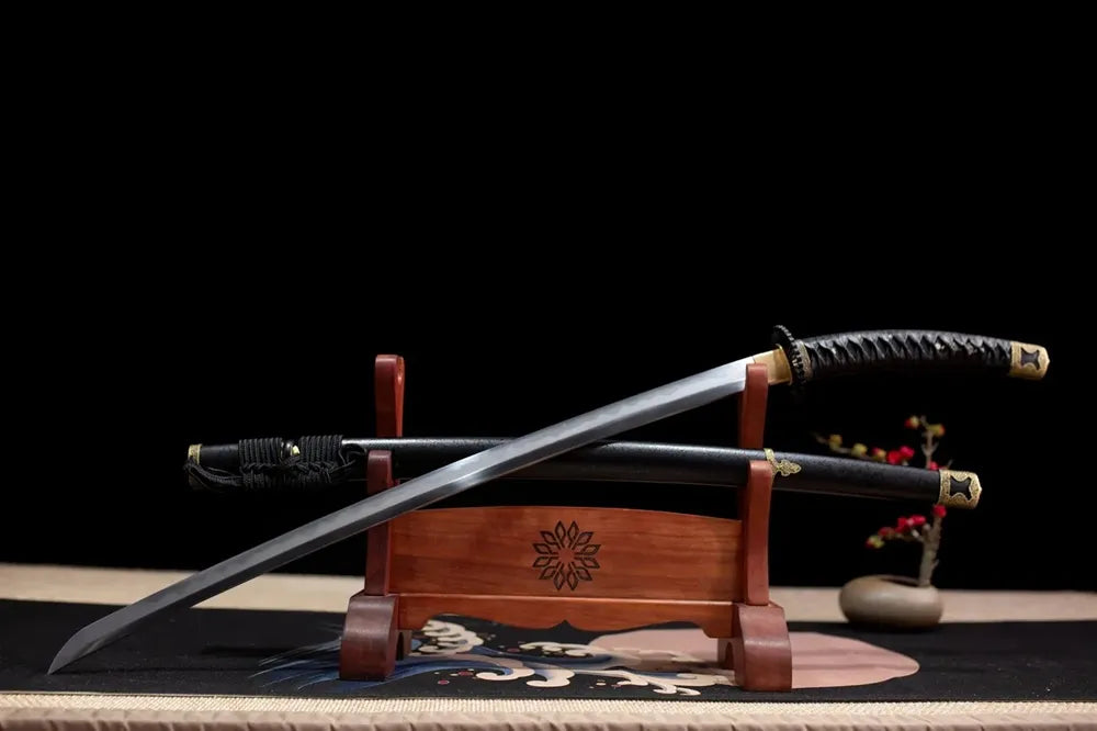 Slanted upright drawn Black‑Tachi‑Sword low‑key somber‑warrior‑aesthetics tachi wooden shelf front perspective